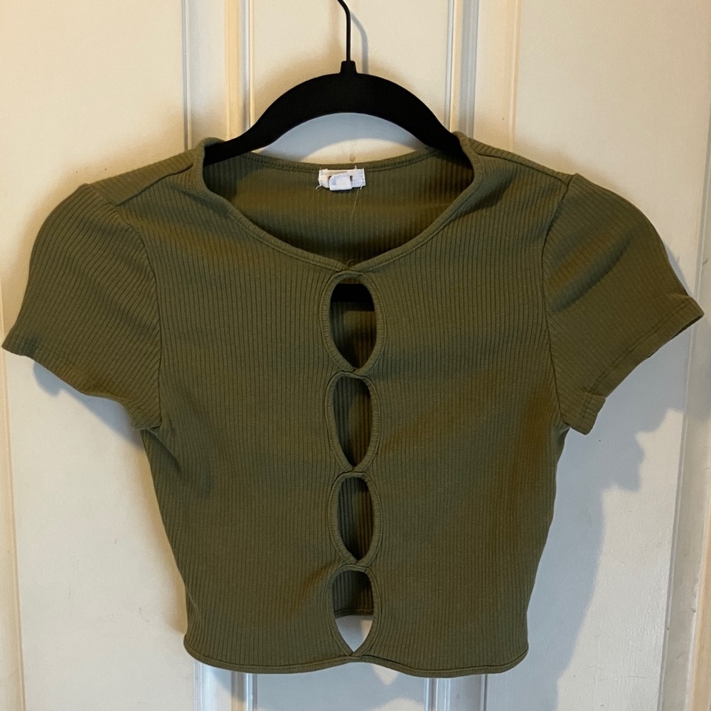 Garage Olive Ribbed Cut-Out Crop Top